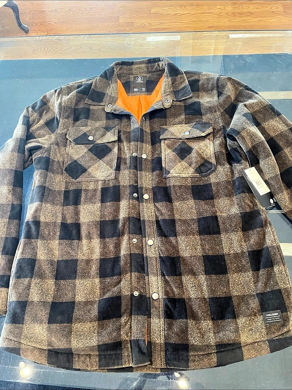 Volcom Bower Polar Fleece Plaid Shirt Jacket in Brown & Black XL NWT